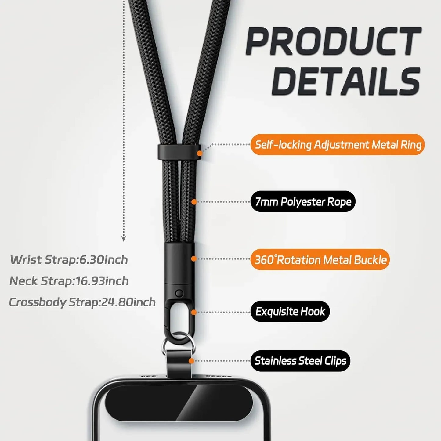 Universal Adjustable Mobile Phone Lanyard Short Wrist Strap with Self-locking Anti-drop Design Durable Polyester Phone Strap